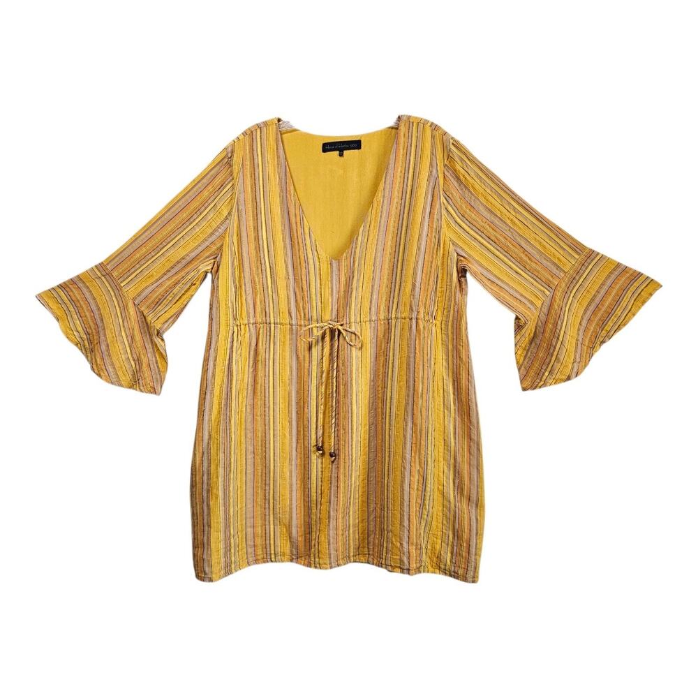 HOUSE OF HARLOW 1960 Revolve L Makena Dress Striped 3/4 Bell Sleeve Drawstring - Picture 2 of 12